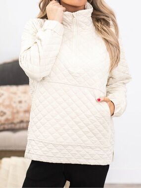 Mono B Cream Quilted Half-Zip Pullover